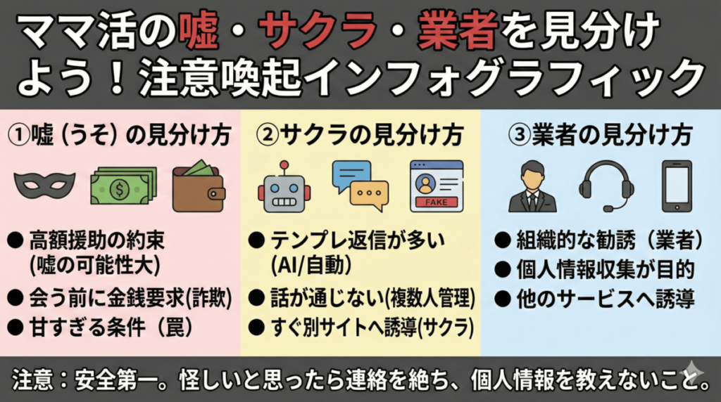 【要注意】ママ活の嘘・サクラ・業者の見分け方は？詐欺やなりすましを防ぐ5つのポイント